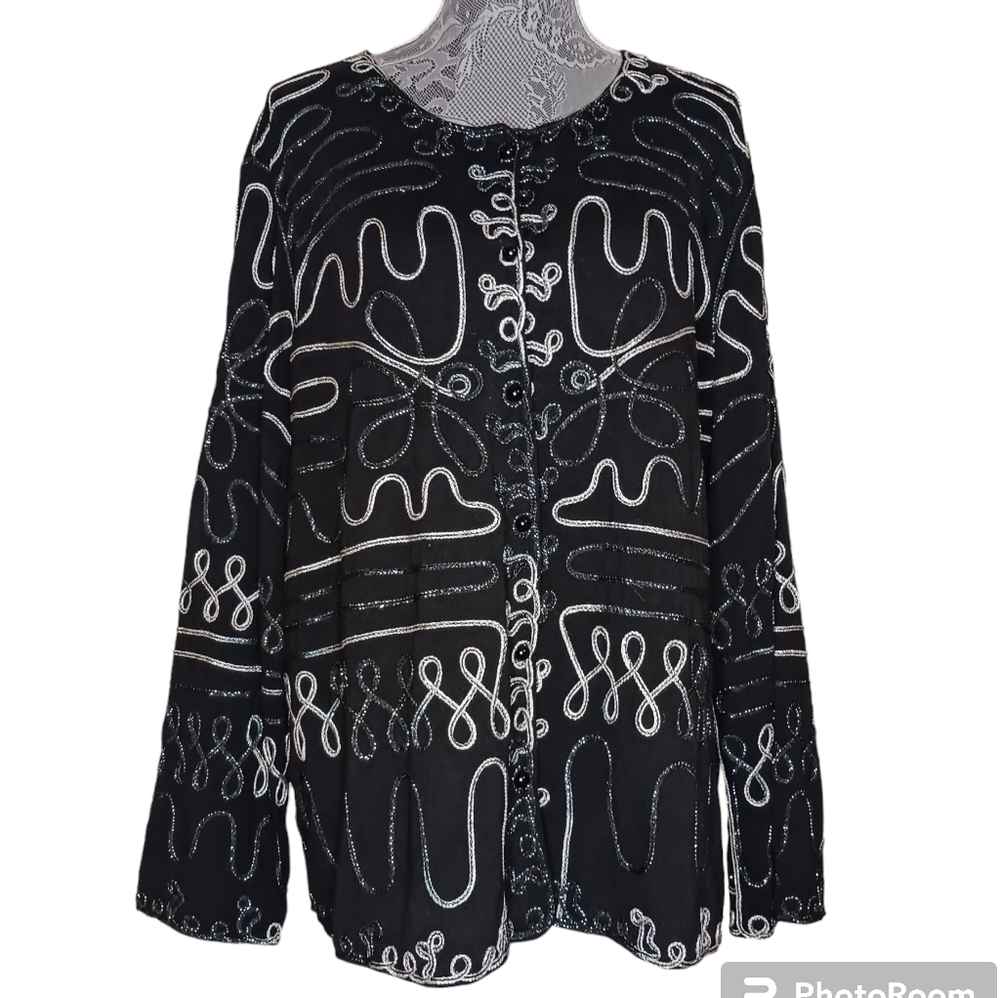 C J Banks Black Jacket with Metallic Silver Cording Detail, Size 2X